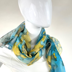 Light Silk Shawl for women in Blue and Yellow, sheer chiffon wrap, thank you gift image 2