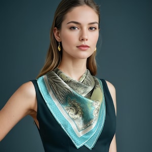 May include: A square silk scarf featuring a detailed feather design in green, teal, and cream hues. The scarf has a teal border with a geometric pattern. It is worn around the neck.