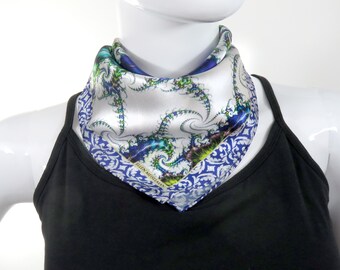 Small Square Scarf, 17" Silk Neckerchief, Fractal design,  gifts for her, wrist scarf, pocket square