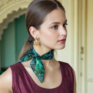 Small Green Silk Scarf, &quot;Reaction&quot;, Fractal design, 16&quot; Square Neckerchief, gifts for her, hand-rolled hem, wrist scarf