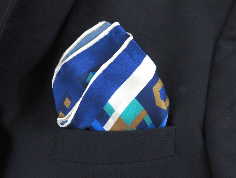 Silk Pocket Square in Blue, White, Gold, Metro II handkerchief, gift for husband, neckerchief, white hand rolled hem, Mens Gifts image 5