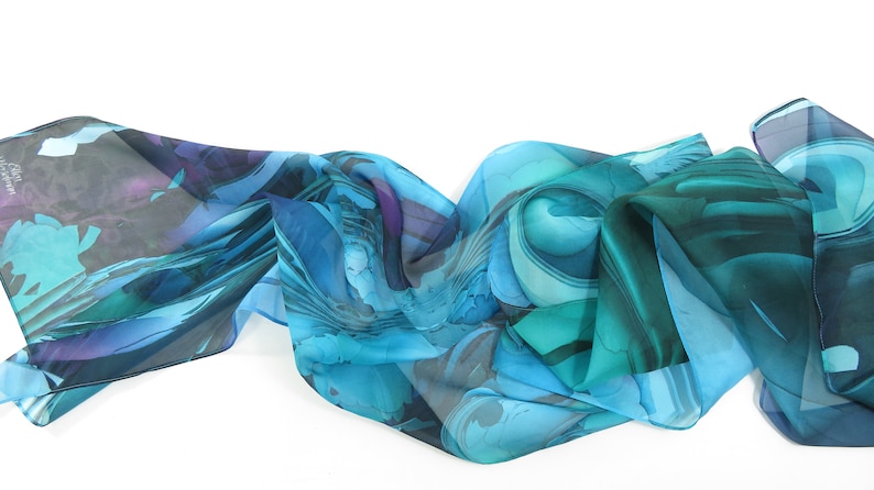 Sheer Blue Silk Scarf, Scarves for women, lightweight shawl, Blue Green silk shawl, unique gift, water, ocean LSC228 image 4