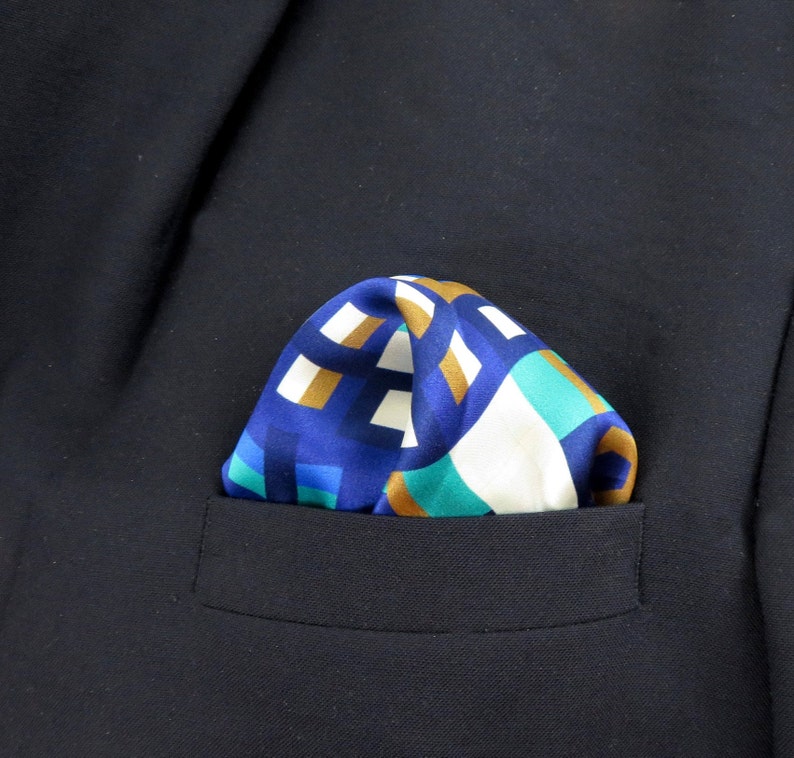 Silk Pocket Square in Blue, White, Gold, Metro II handkerchief, gift for husband, neckerchief, white hand rolled hem, Mens Gifts image 2