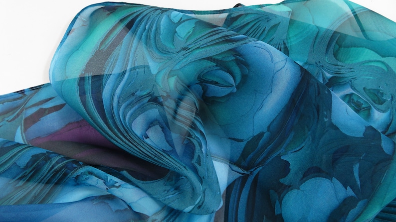 Sheer Blue-Green Silk Scarf, Scarves for women, lightweight Oceanic Blue silk shawl image 7