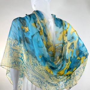 Light Silk Shawl for women in Blue and Yellow, sheer chiffon wrap, thank you gift image 4