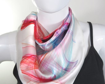 White Silk Scarf with Pink, Red and Turquoise. Square white bandana scarf, gift for her, graduation gift, "Mardi Gras", birthday gift