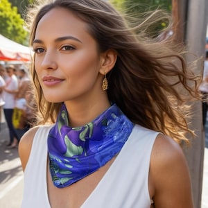 May include: A woman wearing a blue and purple floral patterned silk scarf. The scarf is draped around the neck and is paired with a white top and gold earrings. The background is blurred, suggesting an outdoor setting.
