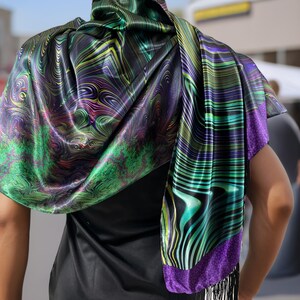 Psychedelic Festival Scarf: Reversible Poly-Satin Wrap with Fringe image 3