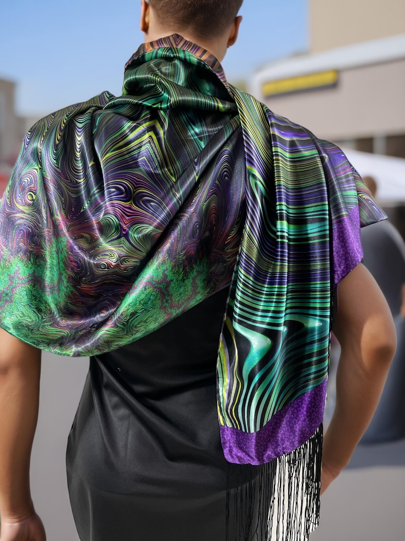 Psychedelic Festival Scarf: Reversible Poly-Satin Wrap with Fringe image 3