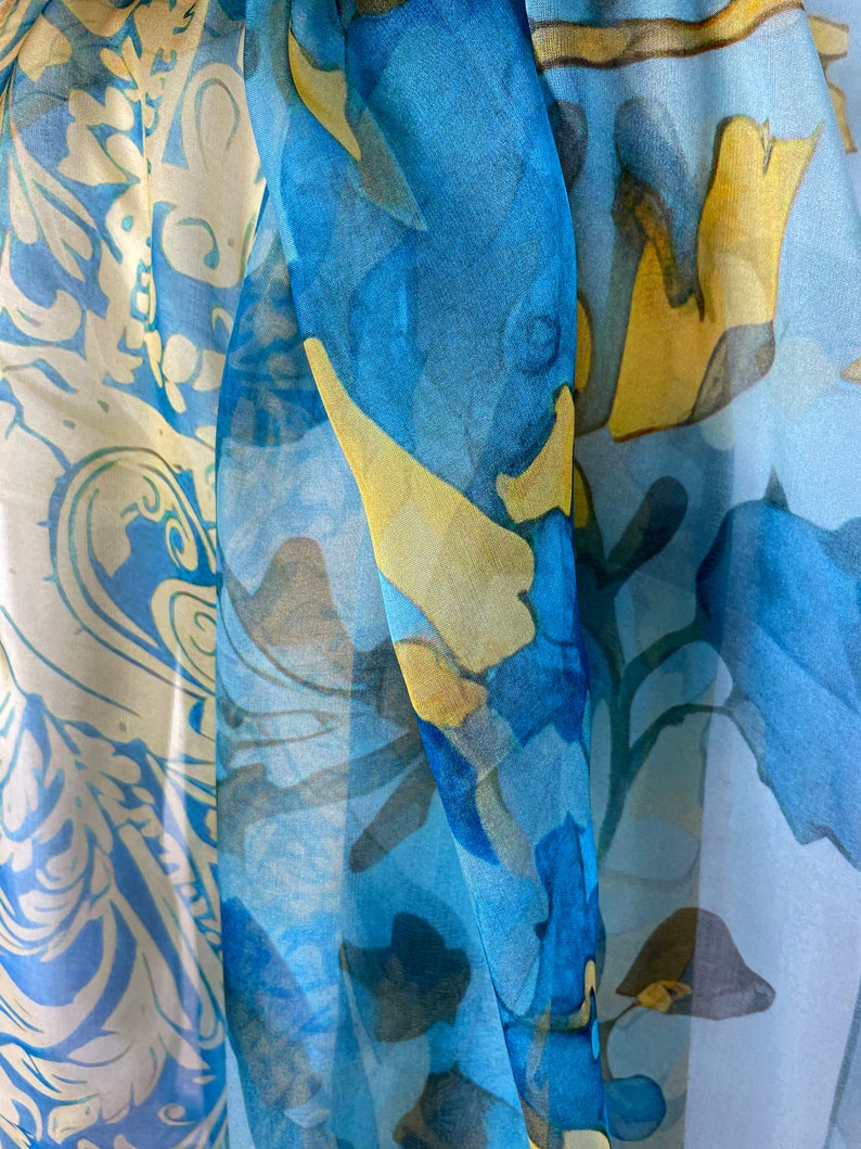 Light Silk Shawl for women in Blue and Yellow, sheer chiffon wrap, thank you gift image 8