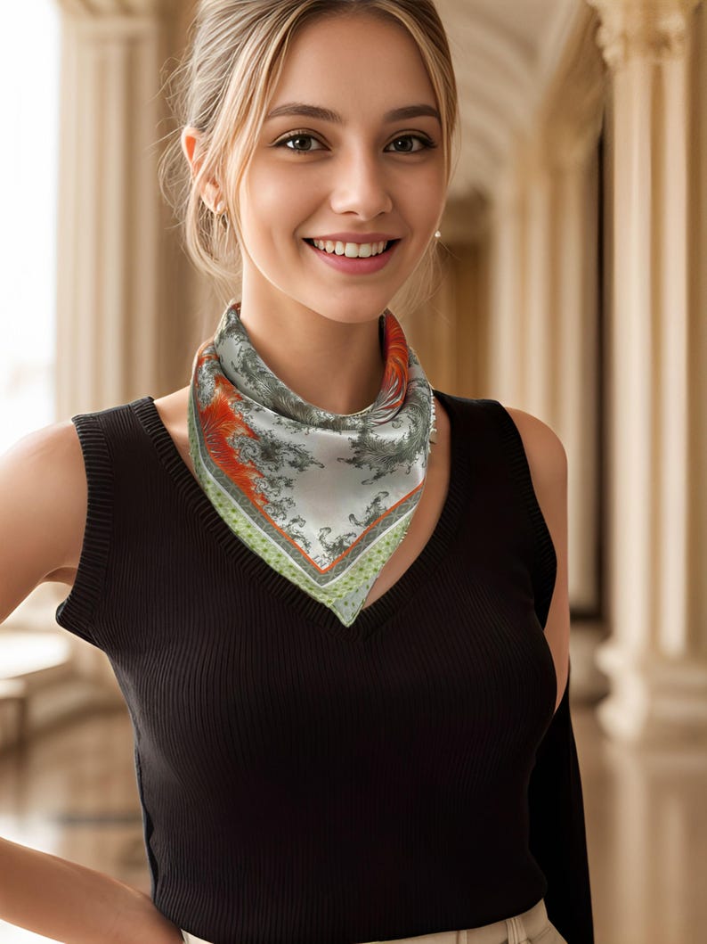 May include: A square silk scarf with a detailed pattern in shades of gray, orange, and green. The scarf is worn around the neck over a black sleeveless top. The background features a blurred architectural setting.
