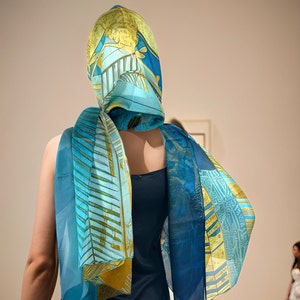 Sheer silk chiffon shawl, deep blue, yellow and gold large shawl, Gift for Woman, Botanique image 2