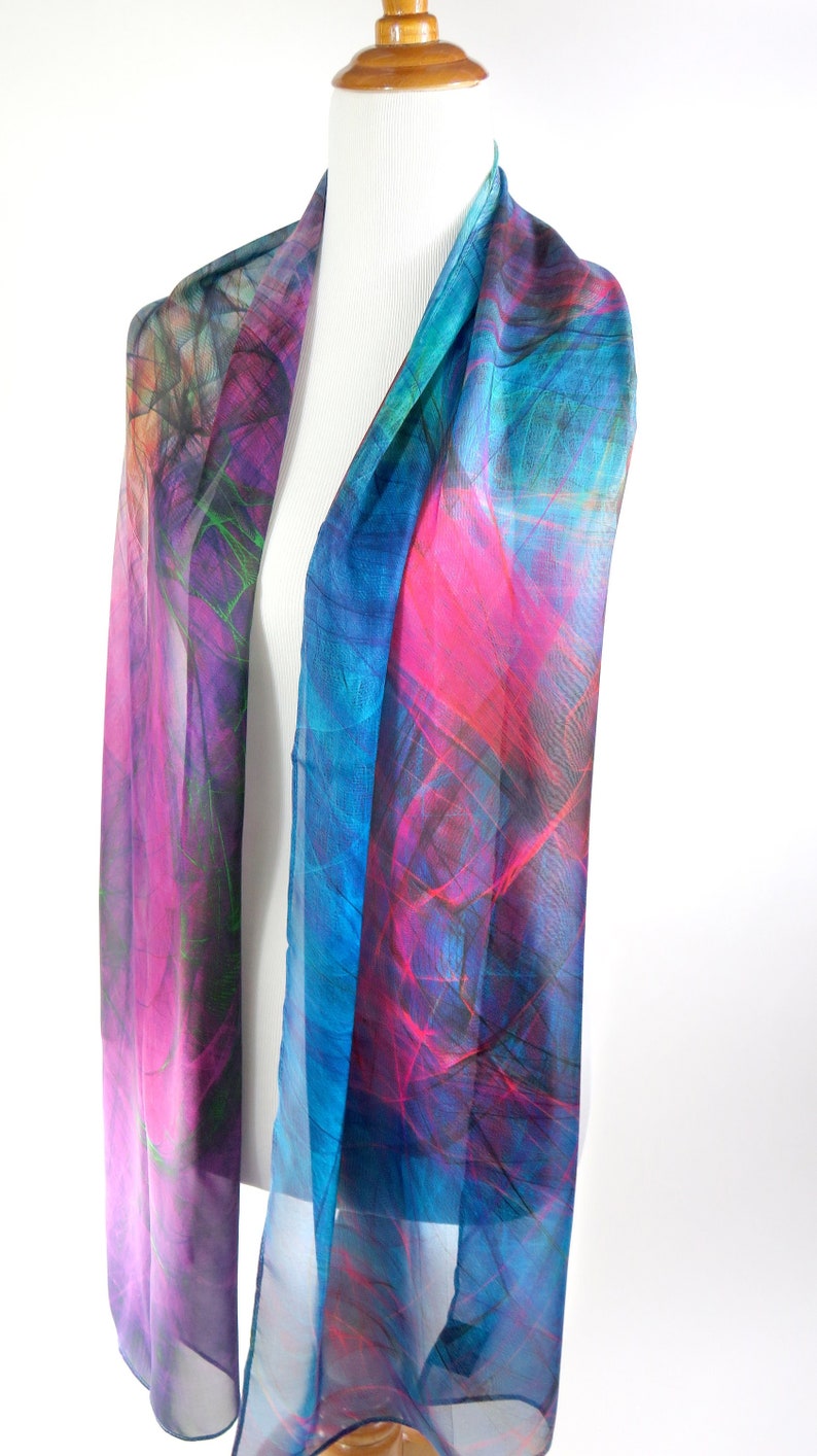 Ombre multicolor light silk scarf, unique gift for woman, Art scarf, silk chiffon shawl, fuschia purple, Summer Scarf for Woman, image 3