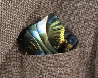 Pocket Square Silk, "Vibrance II" 3D Fractal, 16.5" square, Gifts for Him, Science gifts, hand-rolled hem, silk handkerchief