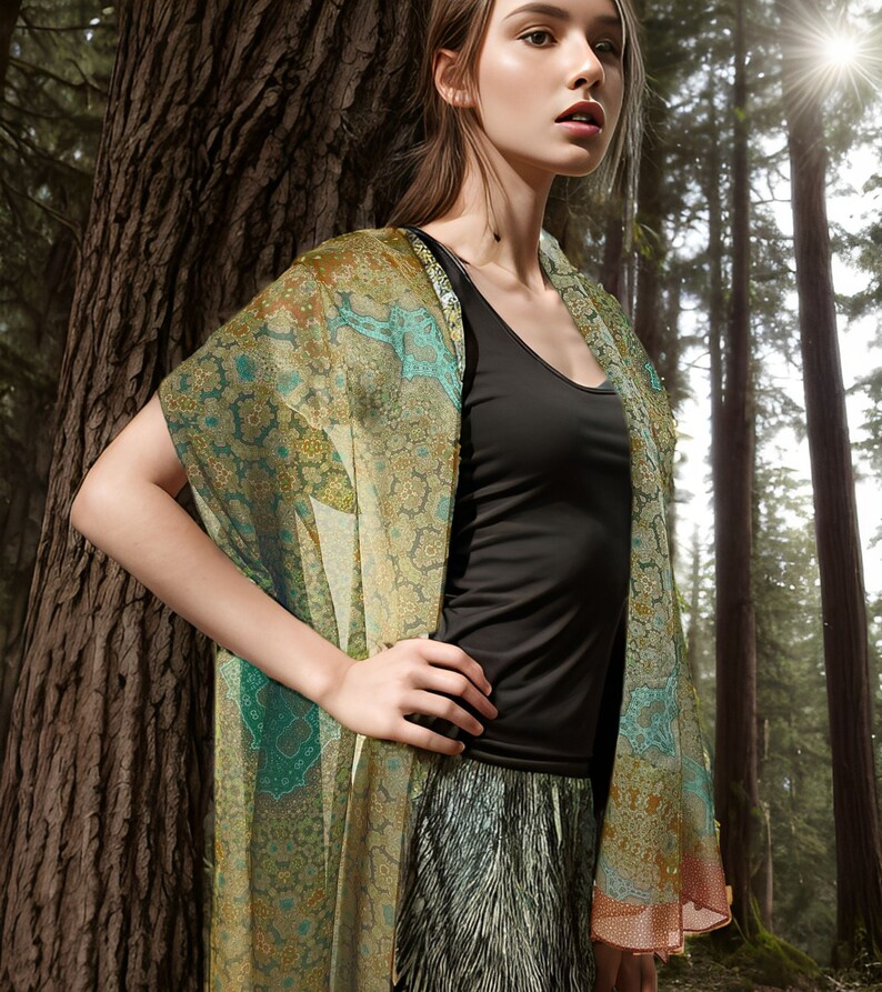 "Orient" in sage silk chiffon meditation shawl | Scarves By Ellen