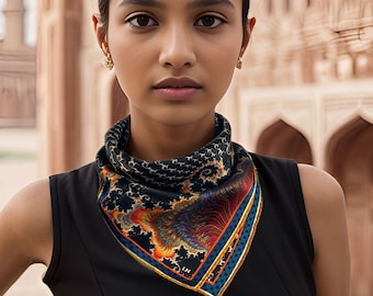 May include: A woman wearing a black sleeveless dress with a colorful silk scarf tied around her neck. The scarf features a black background with a colorful, abstract design. The scarf has a gold border and the letters "LN" in the center.