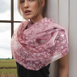 Pink Fractal Silk Chiffon Scarf: Meditation Shawl, Sheer &quot;Orient&quot; Design