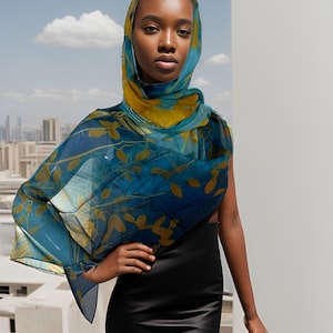 Deep blue-green silk chiffon shawl "Botanique" | Scarves By Ellen