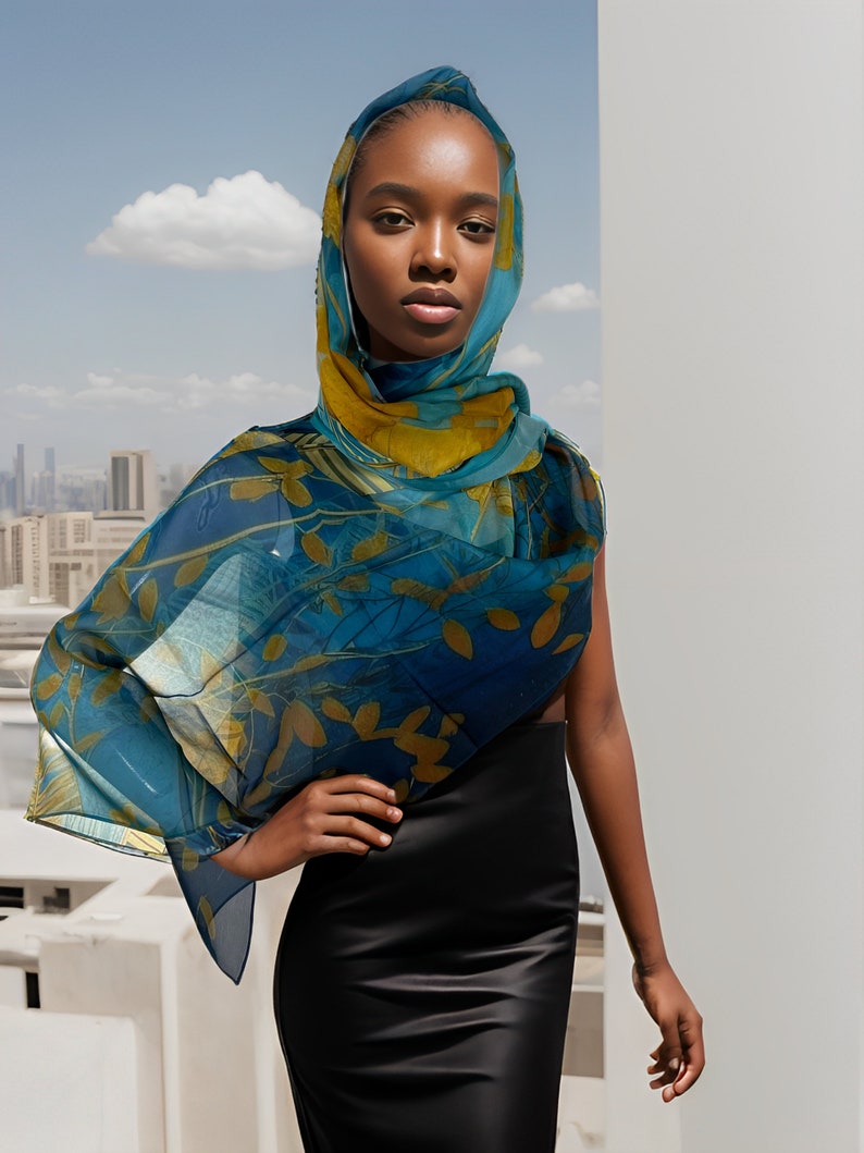 Deep blue-green silk chiffon shawl "Botanique" | Scarves By Ellen