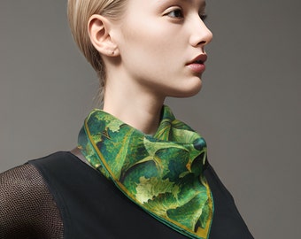 Mulberry  Silk, Small Green and Gold Scarf, 16" Neckerchief, "Longwood"