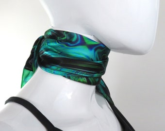 Small Emerald Green Silk Scarf, "Reaction", Fractal design, 16" Square Neckerchief, gifts for her, wrist scarf, purse scarf