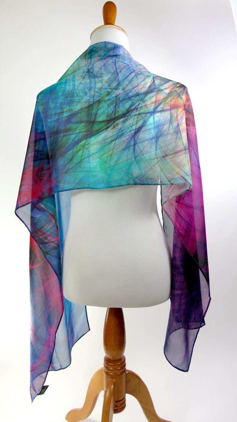 Ombre multicolor light silk scarf, unique gift for woman, Art scarf, silk chiffon shawl, fuschia purple, Summer Scarf for Woman, image 4