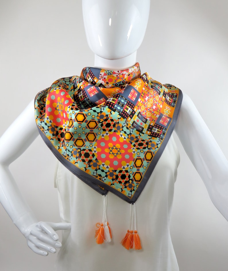 Silk Twill Scarf With Tassels Doublesided 36 Square Etsy