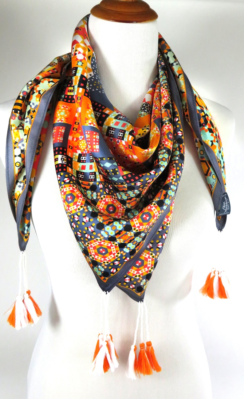 Silk Twill Scarf with Tassels in Burnt Orange Black and Etsy