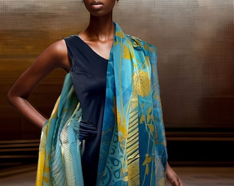 Blue & Gold Silk Chiffon Shawl: Abstract Leaves, Large Scarf