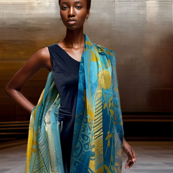 Sheer silk chiffon shawl, deep blue, yellow and gold large shawl, Gift for Woman, "Botanique"