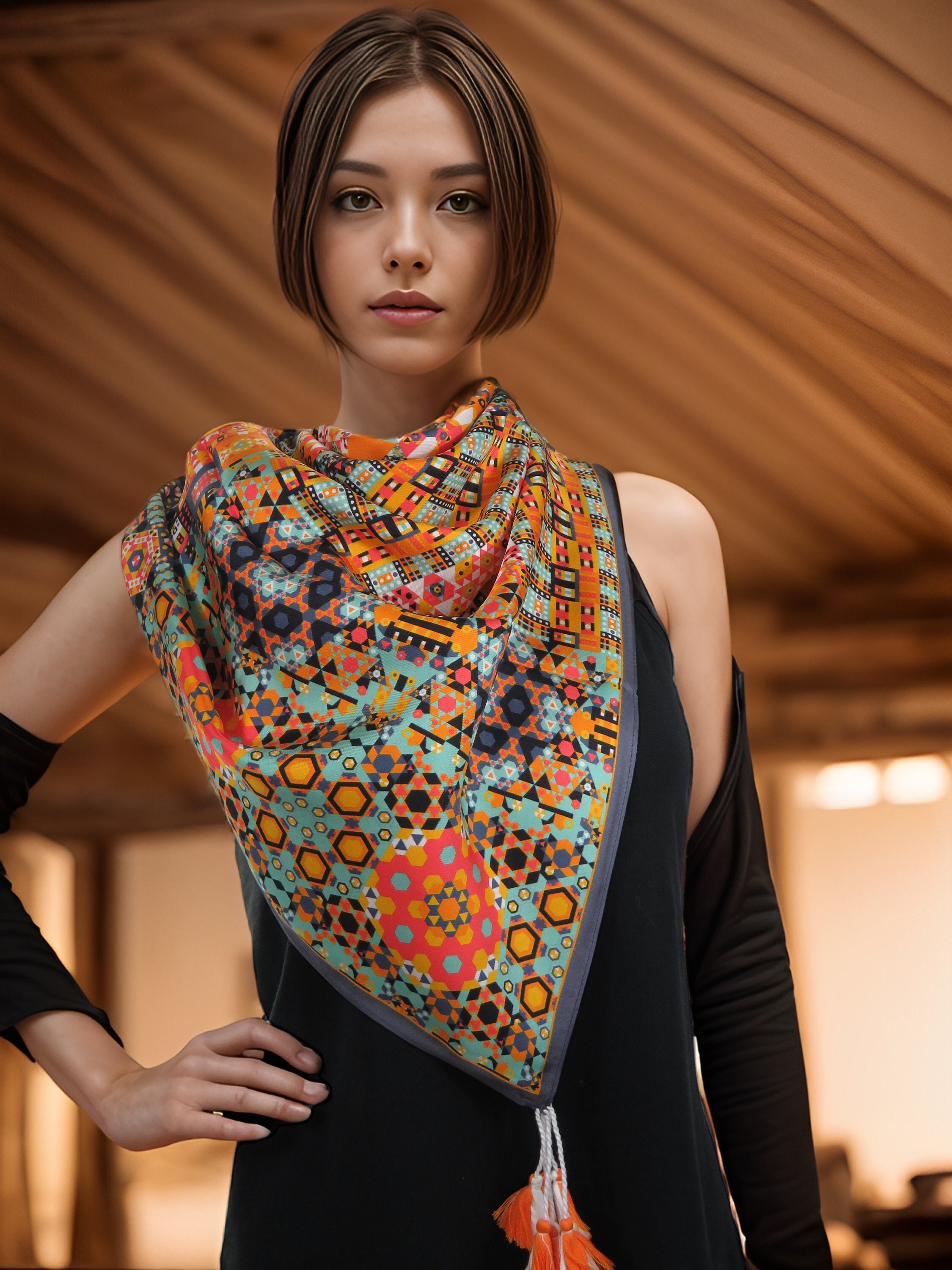 Silk Twill Scarf With Tassels, Double-sided 36