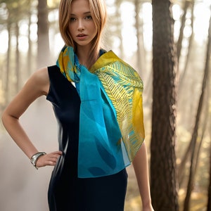 Sheer silk chiffon shawl, deep blue, yellow and gold large shawl, Gift for Woman, Botanique image 3