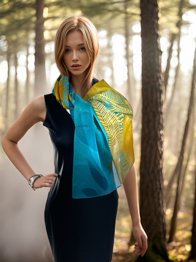 Sheer silk chiffon shawl, deep blue, yellow and gold large shawl, Gift for Woman, Botanique image 3