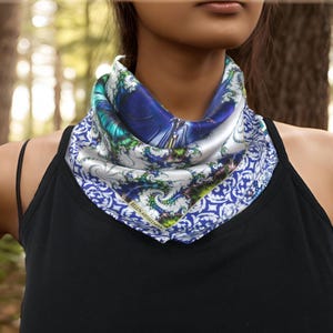 Small Square Scarf, 17&quot; Silk Neckerchief, Fractal design,  gifts for her, wrist scarf, pocket square