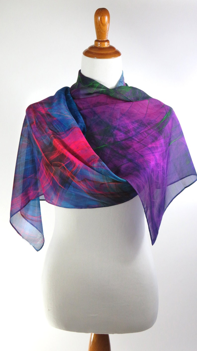 Ombre multicolor light silk scarf, unique gift for woman, Art scarf, silk chiffon shawl, fuschia purple, Summer Scarf for Woman, image 6