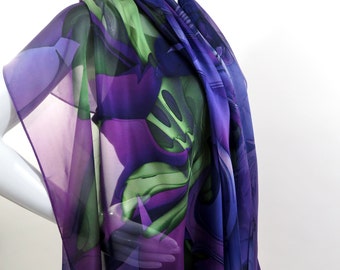 Silk Chiffon Shawl for women in three colors. Wide Silk Scarf 70" x 30" Evening Wrap, retirement gift, thank you gift, Oceanic Wave