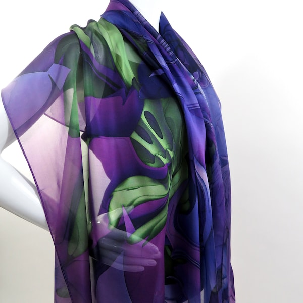 Châle en mousseline de soie pour femme en trois couleurs. Foulard en soie large 70" x 30" Wrap de soirée, cadeau de retraite, cadeau de remerciement, Oceanic Wave