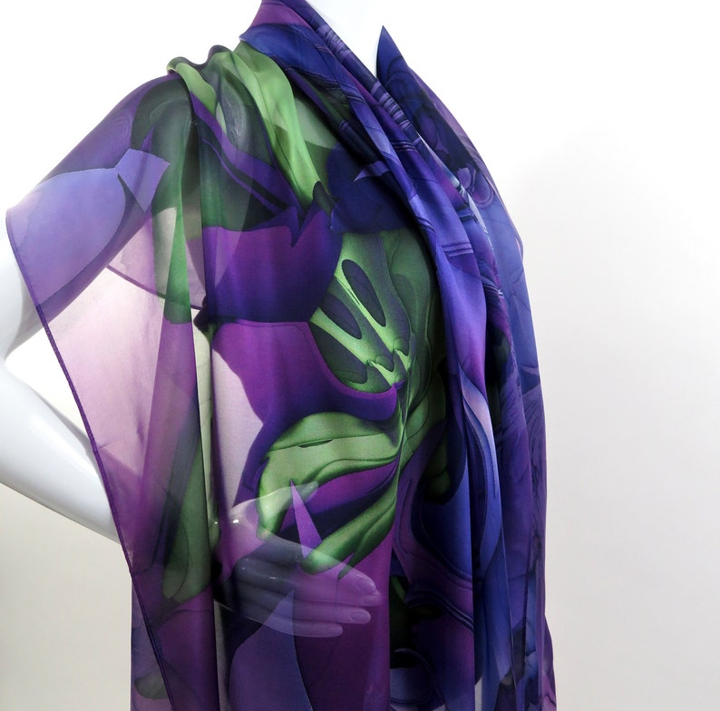 Silk Chiffon Shawl for women in three colors. Wide Silk Scarf 70 x 30 Evening Wrap, retirement gift, thank you gift, Oceanic Wave Purple/Green