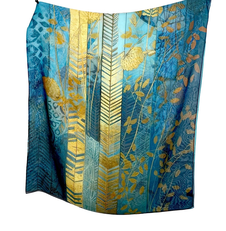 Sheer silk chiffon shawl, deep blue, yellow and gold large shawl, Gift for Woman, Botanique image 6