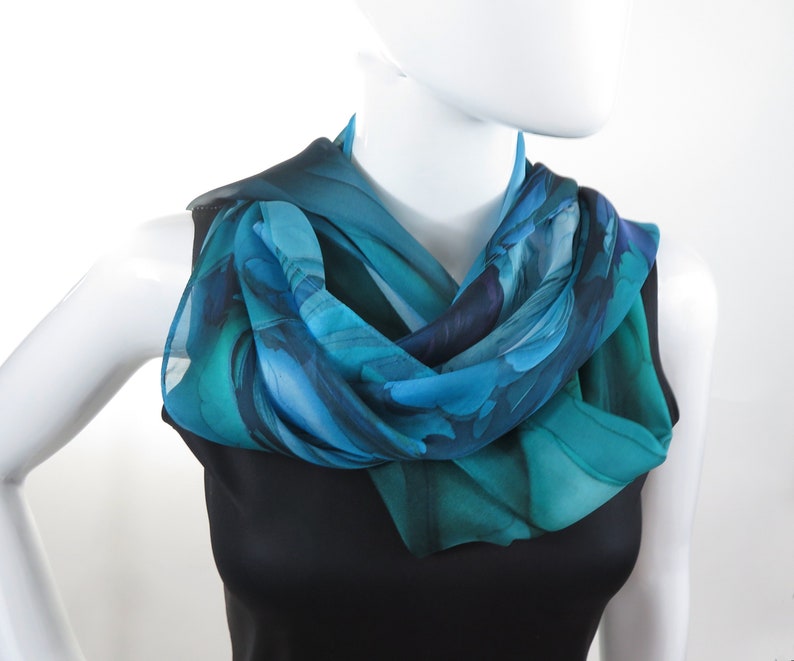 Sheer Blue-Green Silk Scarf, Scarves for women, lightweight Oceanic Blue silk shawl image 5