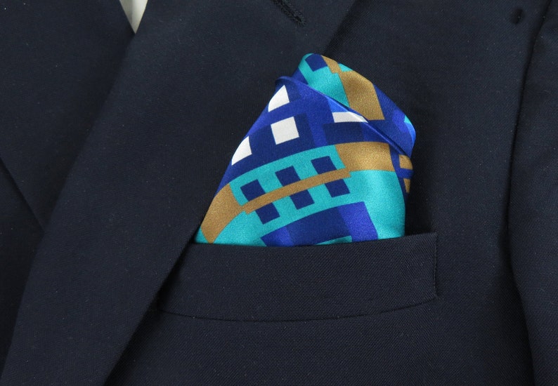 Silk Pocket Square in Blue, White, Gold, Metro II handkerchief, gift for husband, neckerchief, white hand rolled hem, Mens Gifts image 4