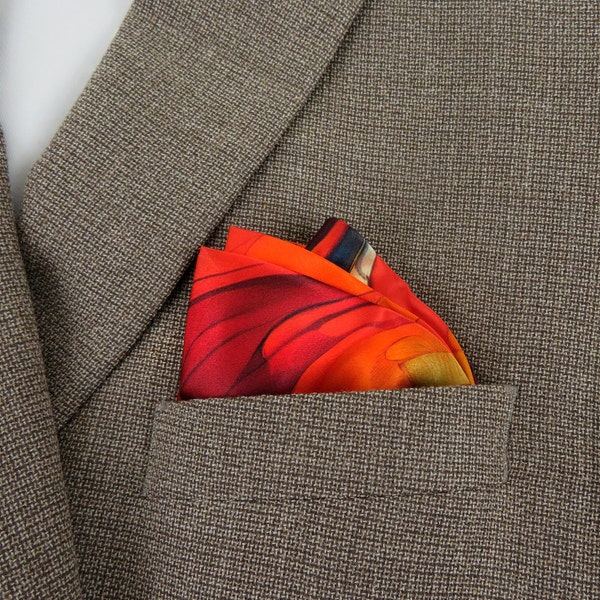 Red and Yellow Pure Silk Pocket Square, "Calypso", Gift for Husband