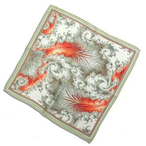 May include: Square scarf with a white background and a swirling, abstract design in shades of orange, gray, and green. The scarf has a green border with small, evenly spaced dots.