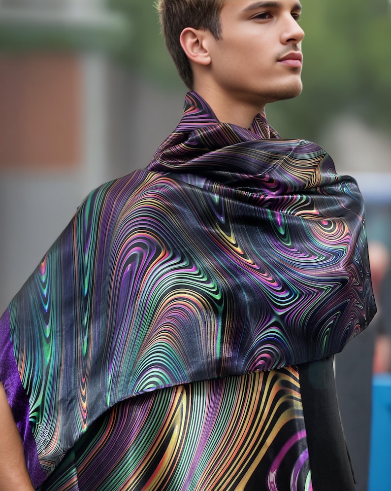 Psychedelic Festival Scarf: Reversible Poly-Satin Wrap with Fringe image 5