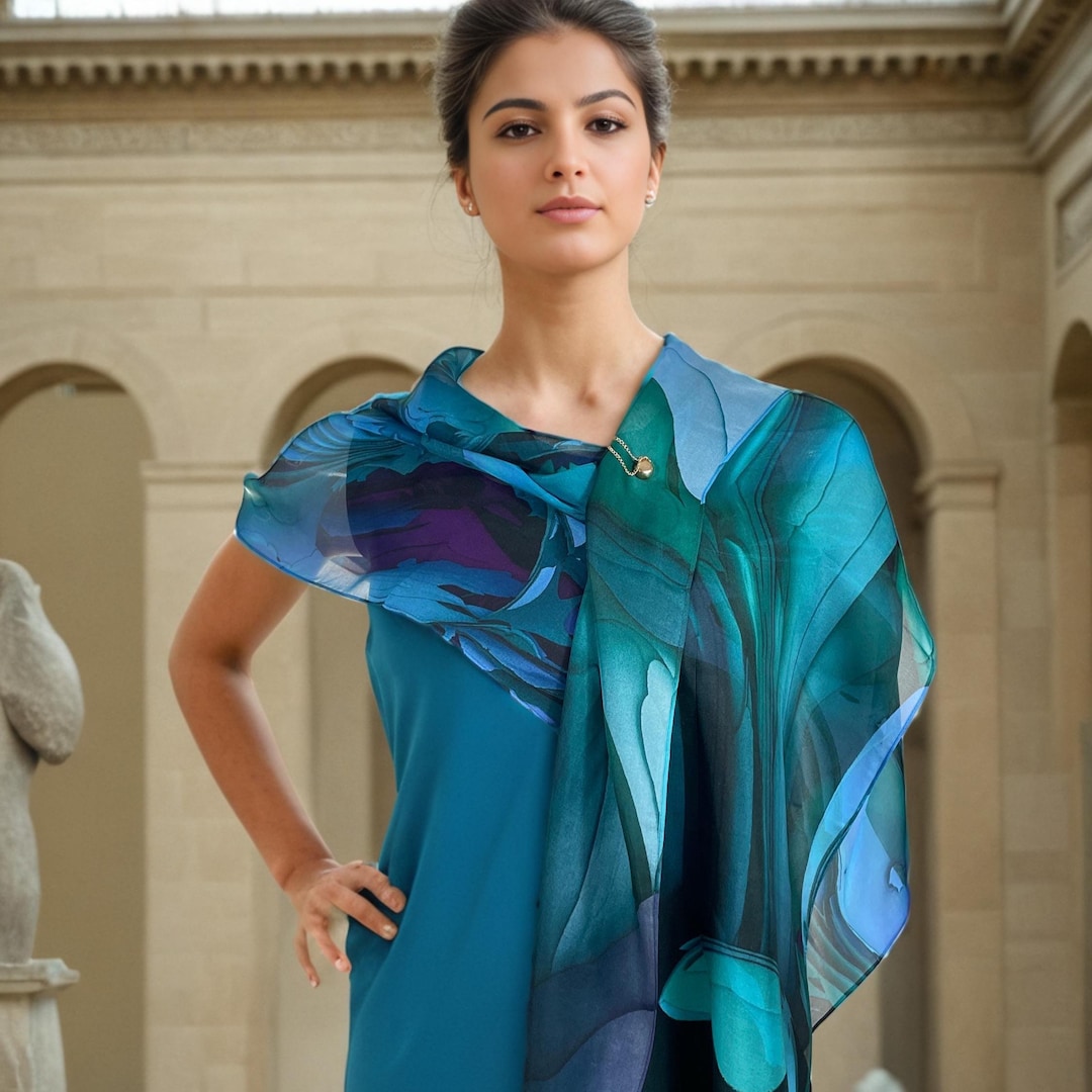 Sheer Green Blue Silk Scarf, Scarves for Women, Lightweight