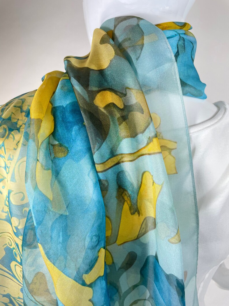 Light Silk Shawl for women in Blue and Yellow, sheer chiffon wrap, thank you gift image 6