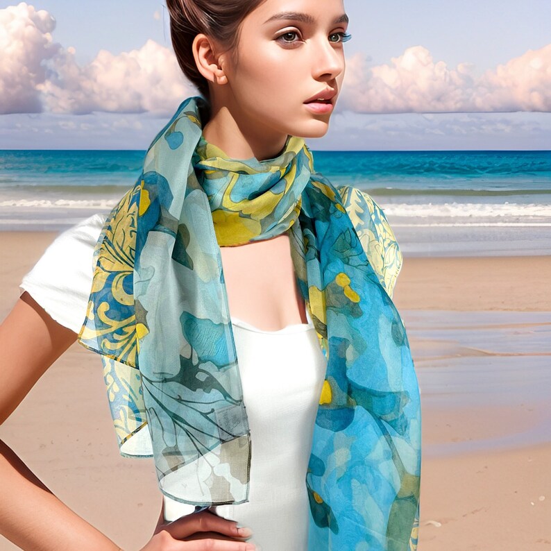 Light Silk Shawl for women in Blue and Yellow, sheer chiffon wrap, thank you gift image 1