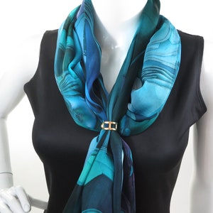 Sheer Blue-Green Silk Scarf, Scarves for women, lightweight Oceanic Blue silk shawl image 2