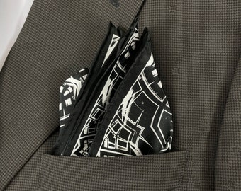 Pure Silk Pocket Square , Black and White silk handkerchief, "Symmetry Series II" Unique gifts for Men, Husband gift