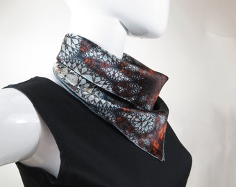 Silk Neckerchief, "Fractal Batik", Small Black and Burnt Orange Scarf, scarves for women, wrist scarf, purse scarf, friend gift